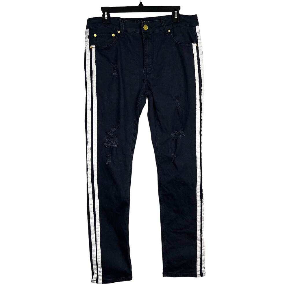 ARGONAUT NATION Men’s Distressed Black Jeans Tuxedo Stripes 36x32